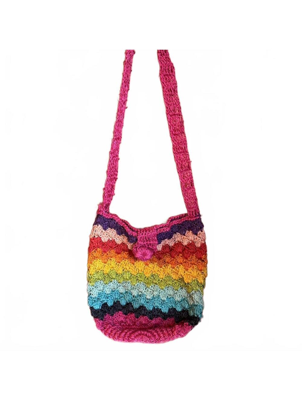 Colombian Artisan Handmade 100% Jute Woven Rainbow Hippie 60s Cross Body Bag